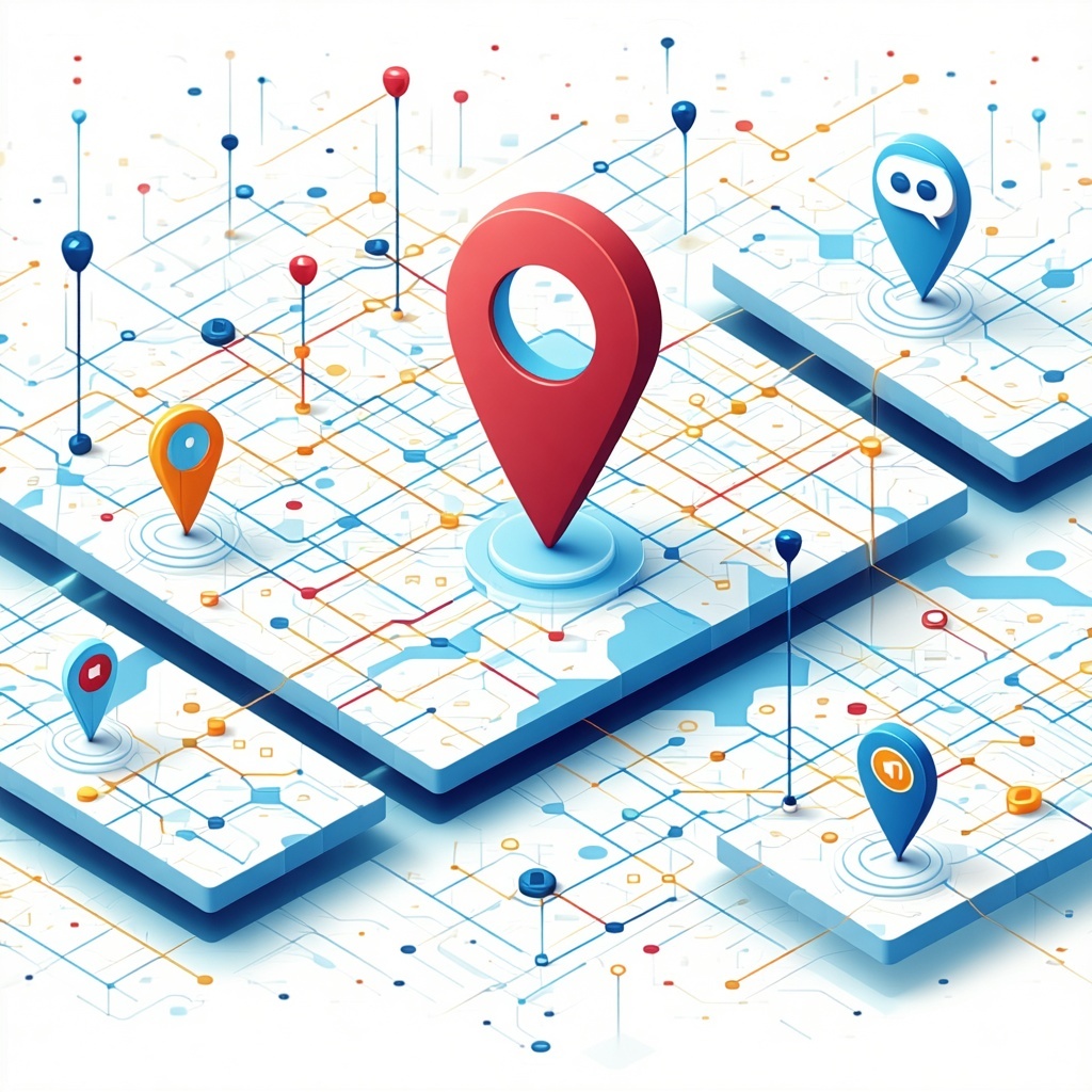 A stylized map with location pins overlaid with digitalAI elements like circuits neural network lines or a chatbot icon