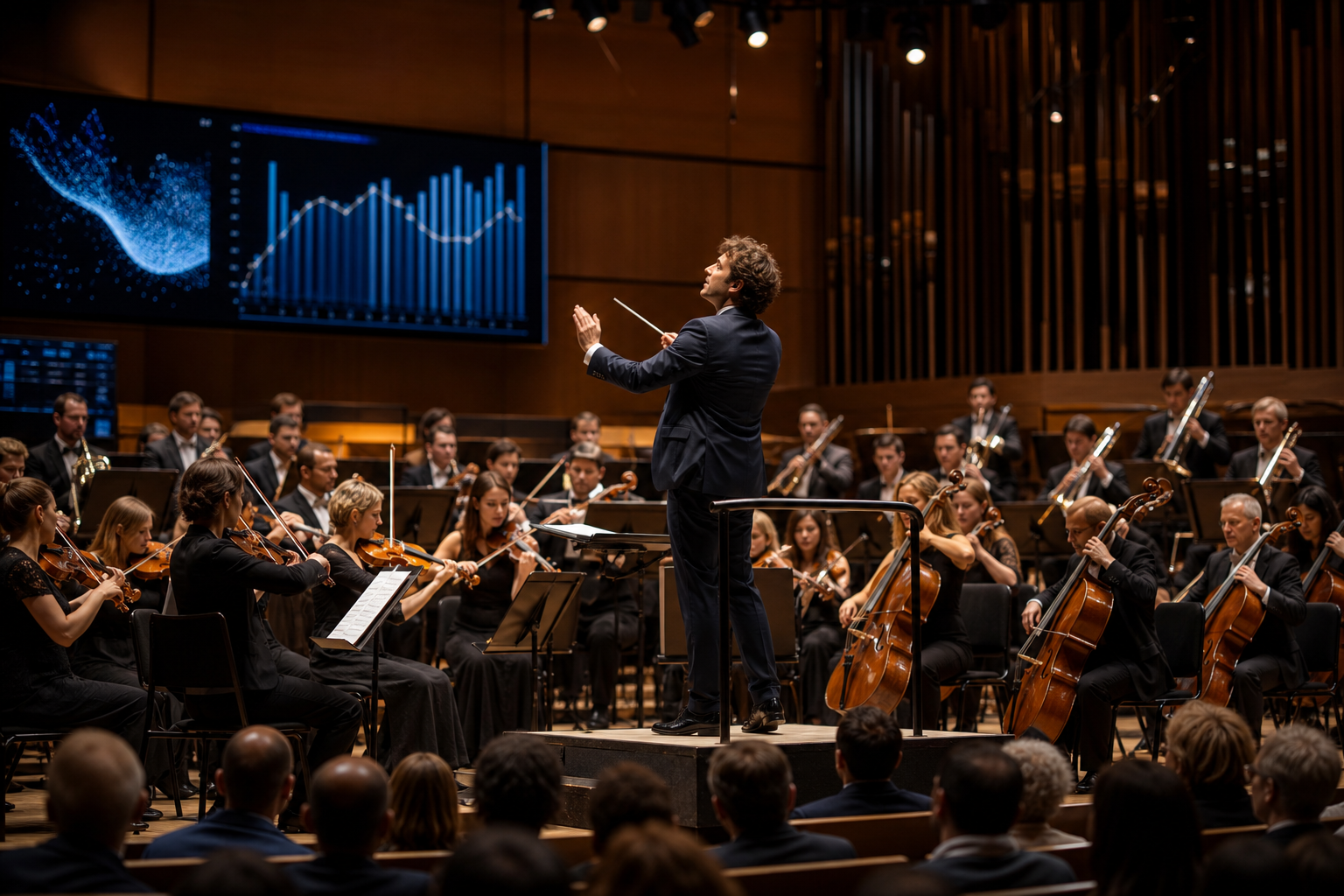 AI Orchestra Performance in Sleek Modern Concert Hall AI Orchestra Performance in Sleek Modern Concert Hall