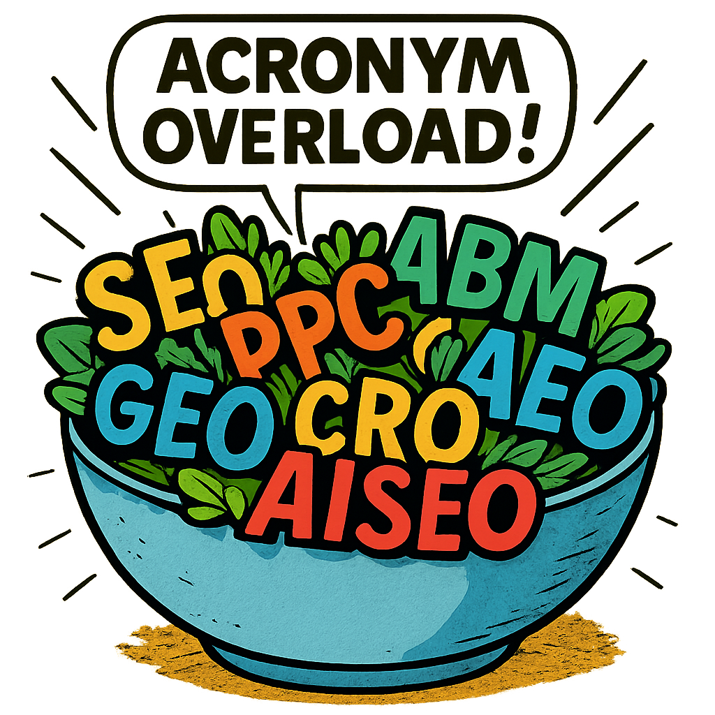 Show Acronym overload visual A playful graphic showing a salad bowl of acronyms SEO PPC CRO ABM GEO AEO AISEO jumbled together-1 Show Acronym overload visual A playful graphic showing a salad bowl of acronyms SEO PPC CRO ABM GEO AEO AISEO jumbled together-1