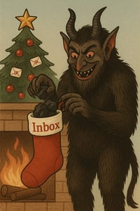 krampus putting coal in a stocking labeled inbox krampus putting coal in a stocking labeled inbox