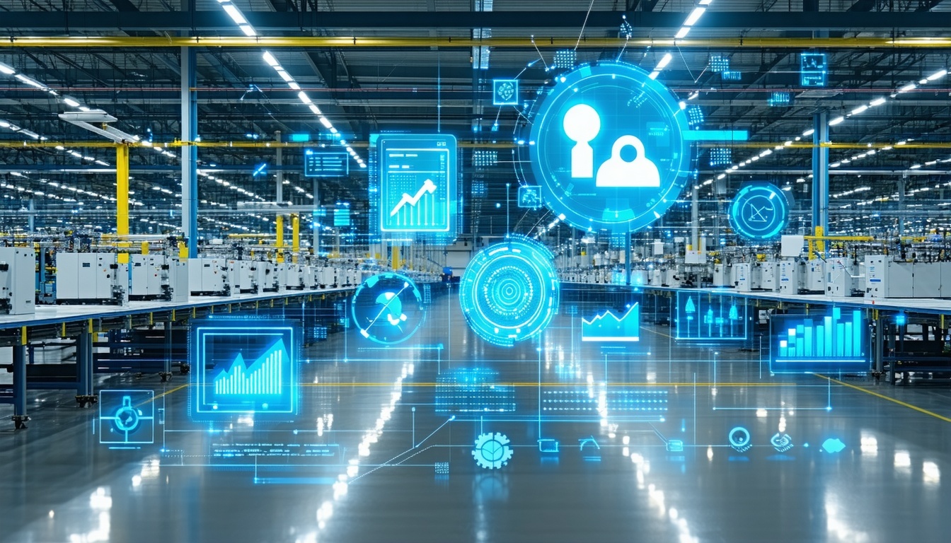 A factory with digital marketing charts and AI ico