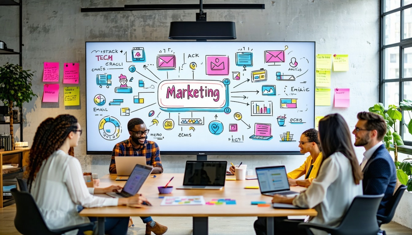 A modern office workspace featuring a large screen displaying a colorful, interactive diagram of a marketing tech stack. The diagram includes icons re